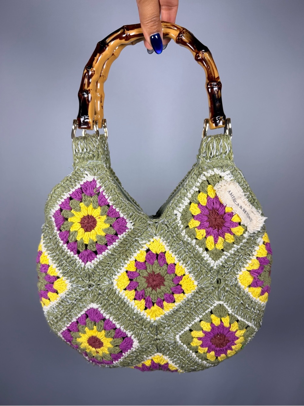America & Beyond Olive Crochet Shoulder Bag with Bamboo-Style Handles